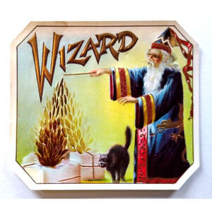 Wizard The Magician Black Cat Vintage Cigar Embossed Label Magic Wand Sorcerer
